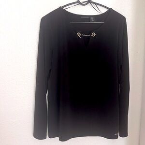 Black Tahari, medium blouse, silver chain design in front 95% polyester